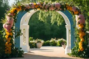 a arco decorado com flores e vegetação. gerado por IA foto