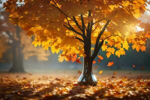 uma árvore é dentro a meio do a outono parque. gerado por IA foto