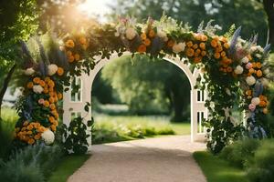 a arco com flores e vegetação. gerado por IA foto