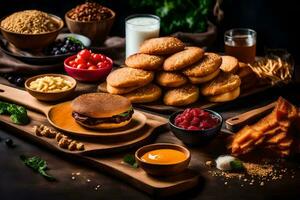 uma variedade do Comida Itens Incluindo hambúrgueres, salgadinhos, e de outros lanches. gerado por IA foto