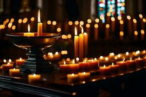 velas estão aceso dentro uma Igreja com velas. gerado por IA foto