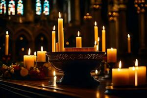 velas estão aceso dentro uma Igreja com velas. gerado por IA foto