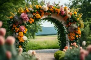 a arco com flores e vegetação. gerado por IA foto