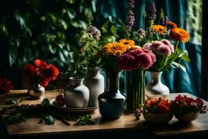 flores dentro vasos em uma mesa. gerado por IA foto