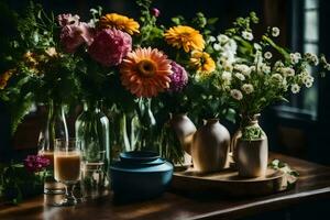 flores dentro vasos em uma mesa. gerado por IA foto