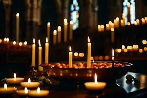 velas estão aceso dentro uma Igreja com uma tigela do maçãs gerado por IA foto