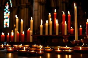 muitos velas estão aceso dentro uma igreja. gerado por IA foto