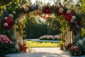 a arco com flores e vegetação. gerado por IA foto