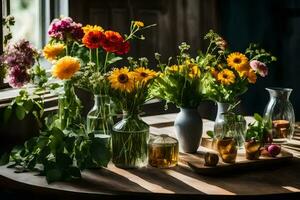 flores dentro vasos em uma mesa. gerado por IA foto