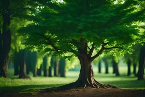 uma árvore é em pé dentro a meio do uma verde campo. gerado por IA foto