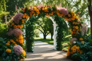 uma Casamento arco decorado com flores dentro a parque. gerado por IA foto