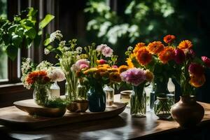 flores dentro vasos em uma mesa dentro frente do uma janela. gerado por IA foto