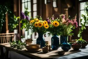 uma mesa com flores e taças em isto. gerado por IA foto