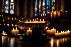 velas dentro uma Igreja com manchado vidro janelas. gerado por IA foto