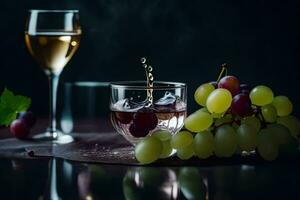uma vidro do vinho e uvas em uma mesa. gerado por IA foto