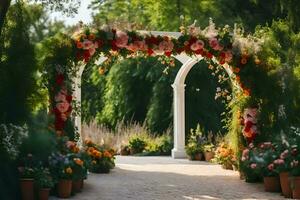 a arco com flores e plantas dentro a meio do uma jardim. gerado por IA foto