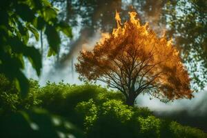 uma queimando árvore dentro a floresta. gerado por IA foto