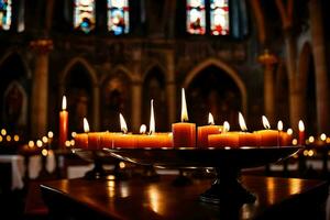 velas dentro uma Igreja com manchado vidro janelas. gerado por IA foto