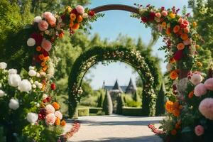 uma lindo arco com flores e vegetação. gerado por IA foto