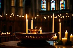 velas estão aceso dentro uma Igreja com velas. gerado por IA foto