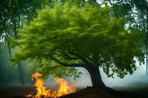 uma árvore com chamas e fumaça chegando a partir de isto. gerado por IA foto