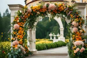 a arco decorado com flores e vegetação. gerado por IA foto