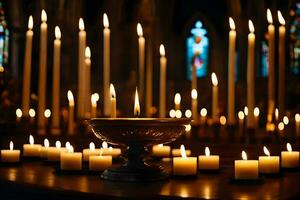 velas estão aceso dentro uma Igreja com velas. gerado por IA foto