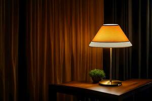 uma luminária é em uma mesa dentro frente do cortinas. gerado por IA foto
