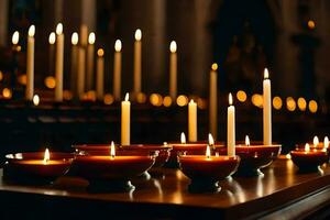 velas estão aceso dentro uma Igreja com velas. gerado por IA foto