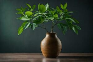 uma Castanho vaso com uma verde plantar dentro isto. gerado por IA foto