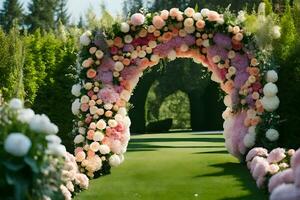 uma Casamento arco fez do flores dentro a grama. gerado por IA foto