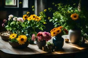 flores dentro vasos em uma mesa. gerado por IA foto