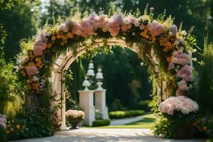 uma Casamento arco com Rosa e amarelo flores gerado por IA foto