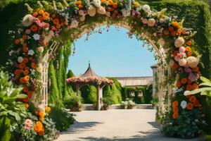 uma Casamento arco com flores e vegetação. gerado por IA foto