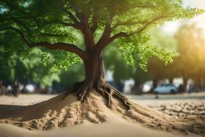 uma árvore com raízes crescendo Fora do a areia. gerado por IA foto