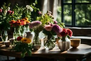 flores dentro vasos em uma de madeira mesa. gerado por IA foto