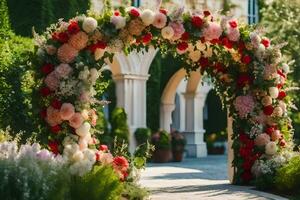 uma Casamento arco decorado com flores gerado por IA foto