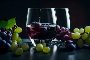 dois óculos do vinho com uvas em uma Sombrio fundo. gerado por IA foto