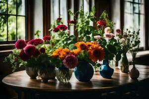 flores dentro vasos em uma mesa dentro frente do janelas. gerado por IA foto