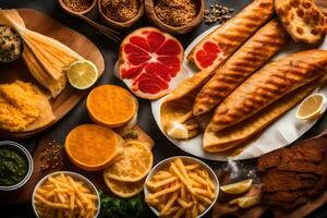 vários tipos do Comida em uma mesa. gerado por IA foto