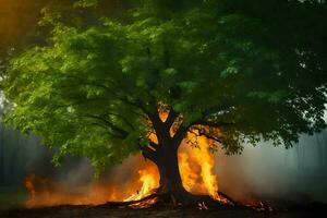 uma árvore é queimando dentro a meio do uma campo. gerado por IA foto