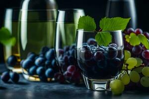 uvas e vinho dentro óculos em uma Sombrio mesa. gerado por IA foto
