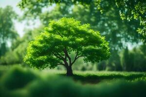 uma árvore dentro a meio do uma verde campo. gerado por IA foto