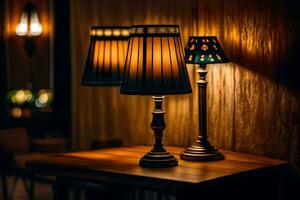 dois lâmpadas em uma mesa dentro uma Sombrio sala. gerado por IA foto