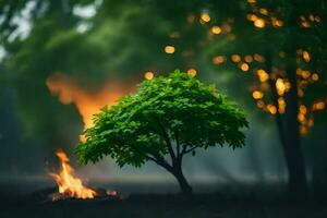 uma pequeno árvore dentro a meio do uma floresta com uma fogo. gerado por IA foto