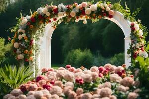 uma Casamento arco com flores dentro a fundo. gerado por IA foto