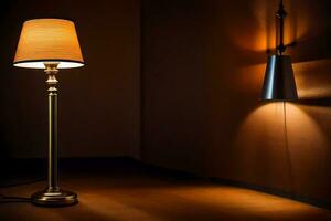 uma luminária é em uma de madeira chão dentro uma Sombrio sala. gerado por IA foto