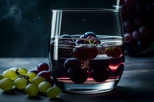uma vidro do vinho com uvas e fumaça. gerado por IA foto