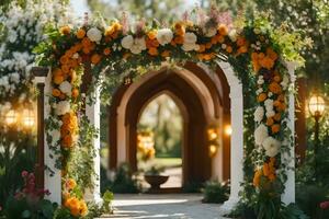 a arco decorado com flores e vegetação. gerado por IA foto