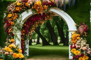 uma flor arco é decorado com flores gerado por IA foto